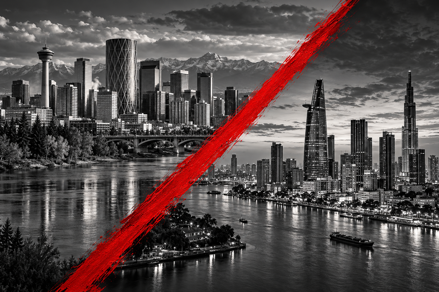 Illustrative Calgary and Ho Chi Minh City montage with a red diagonal brushstroke