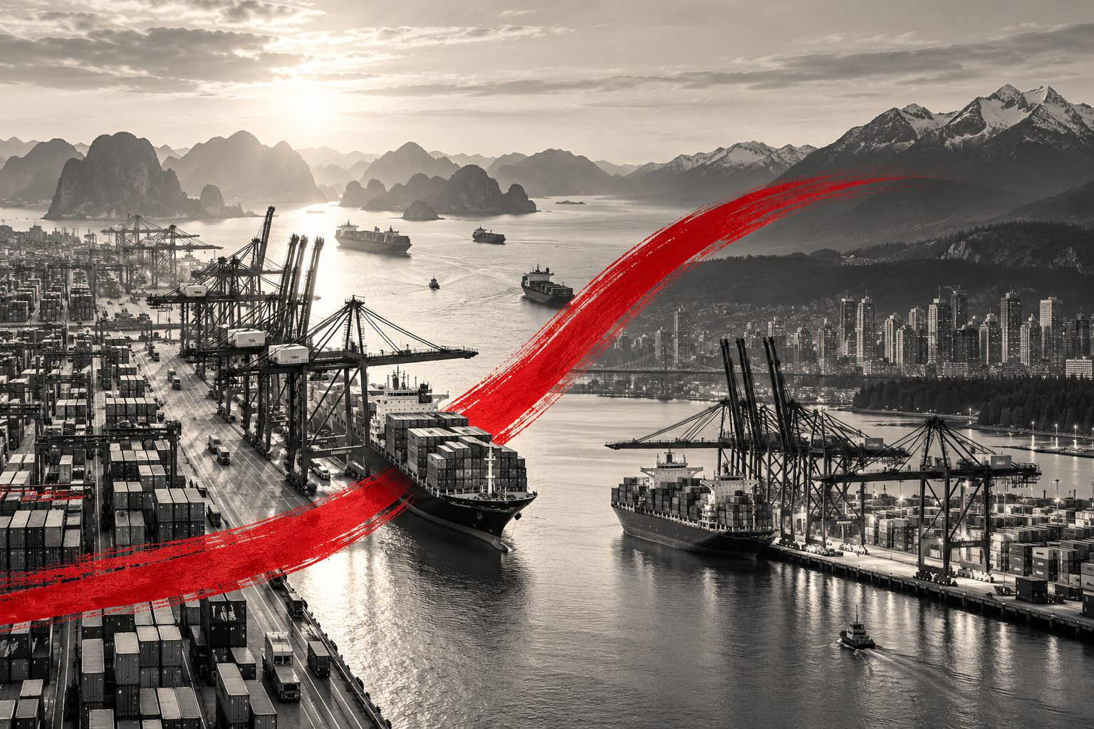 Illustrative montage connecting Vietnamese and Canadian Pacific ports